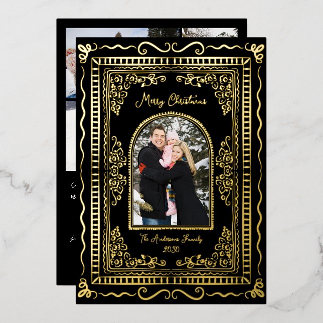 Whimsical Illustrative Christmas Five Photo Foil Holiday Card (Front/Back)