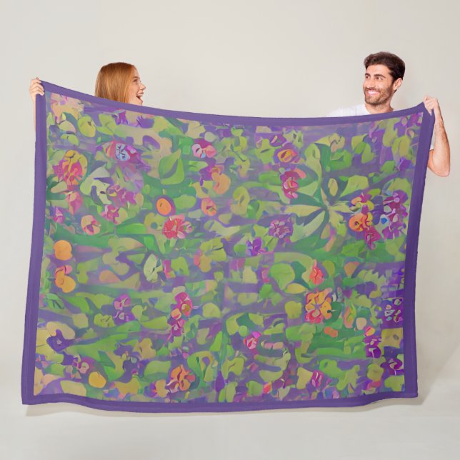 Whimsical Impressionist Purple Irises Boho Floral  Fleece Blanket (In Situ)