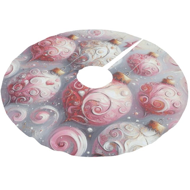 Whimsical Impressionistic Christmas Ornaments Pink Brushed Polyester Tree Skirt (Angled)