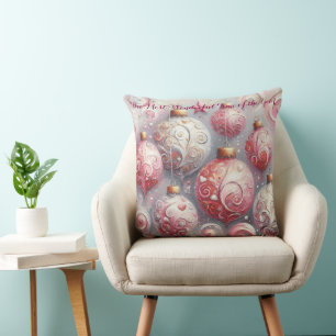 Whimsical Impressionistic Christmas Ornaments Pink Throw Pillow