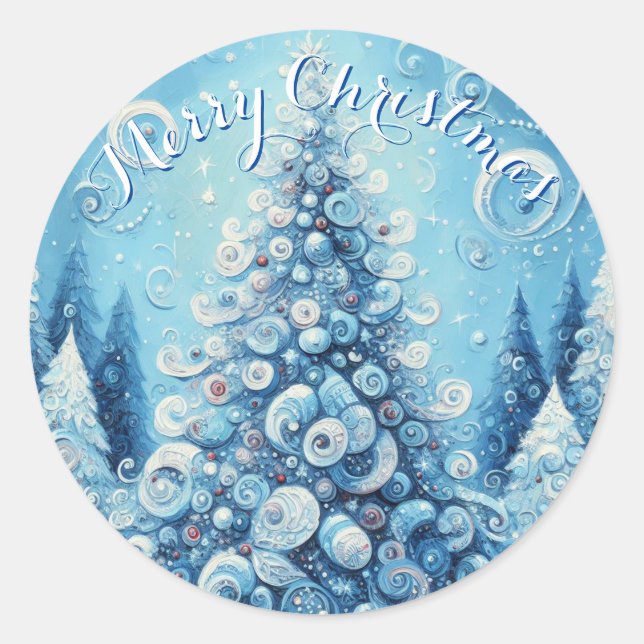 Whimsical Impressionistic Christmas Tree Blue Classic Round Sticker (Front)