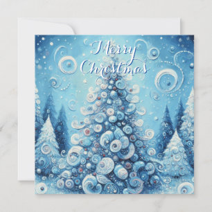 Whimsical Impressionistic Christmas Tree Blue Holiday Card