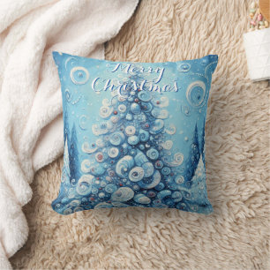 Whimsical Impressionistic Christmas Tree Blue Throw Pillow