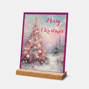 Whimsical Impressionistic Christmas Tree Pink Acrylic Sign