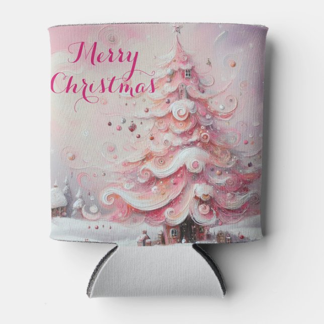 Whimsical Impressionistic Christmas Tree Pink Can Cooler (Front)