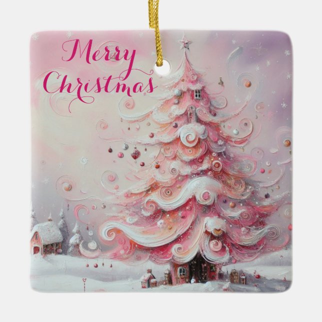 Whimsical Impressionistic Christmas Tree Pink Ceramic Ornament (Front)