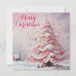 Whimsical Impressionistic Christmas Tree Pink Holiday Card