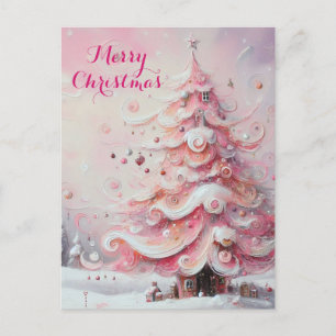 Whimsical Impressionistic Christmas Tree Pink Holiday Postcard