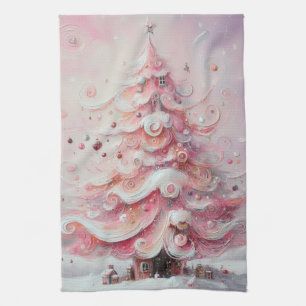 Whimsical Impressionistic Christmas Tree Pink Kitchen Towel