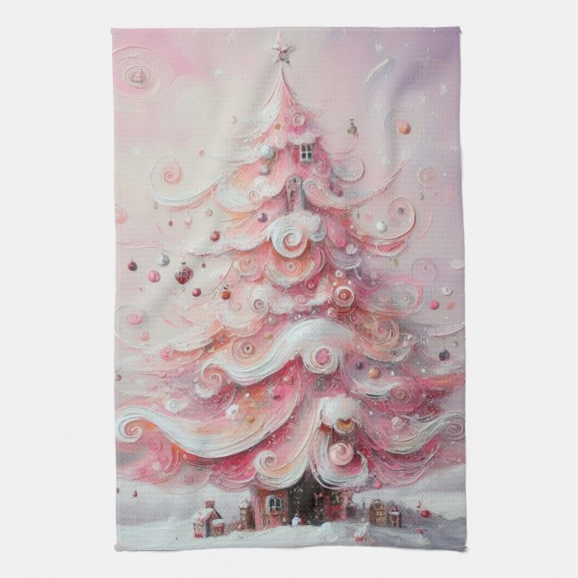 Whimsical Impressionistic Christmas Tree Pink Kitchen Towel (Vertical)