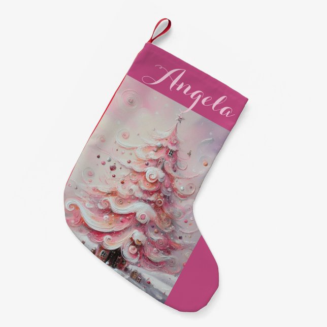 Whimsical Impressionistic Christmas Tree Pink Small Christmas Stocking (Front (Hanging))