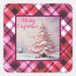 Whimsical Impressionistic Christmas Tree Pink Square Sticker