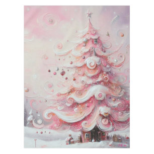 Whimsical Impressionistic Christmas Tree Pink Tablecloth