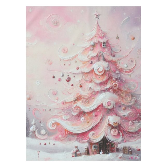 Whimsical Impressionistic Christmas Tree Pink Tablecloth (Front)