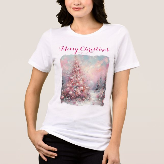 Whimsical Impressionistic Christmas Tree Pink Tri-Blend Shirt (Front)