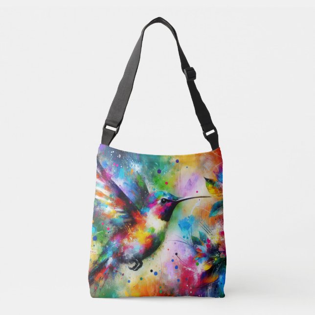 Whimsical Impressionistic Colourful Hummingbird Crossbody Bag (Front)