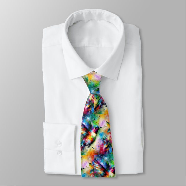 Whimsical Impressionistic Colourful Hummingbird Tie (Tied)