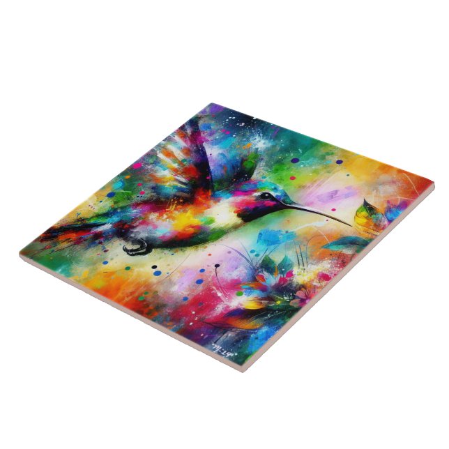 Whimsical Impressionistic Colourful Hummingbird Tile (Side)