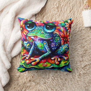 Whimsical Impressionistic Floral Frog Green Blue Throw Pillow