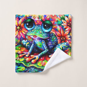 Whimsical Impressionistic Floral Frog Green Blue Wash Cloth