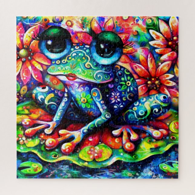 Whimsical Impressionistic Floral Frog Painting Jigsaw Puzzle (Vertical)