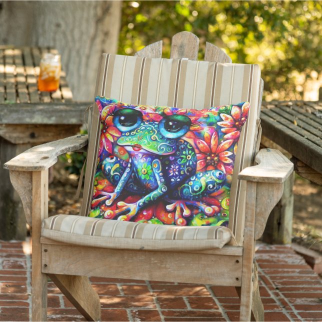 Whimsical Impressionistic Floral Frog Painting Outdoor Pillow (Chair)
