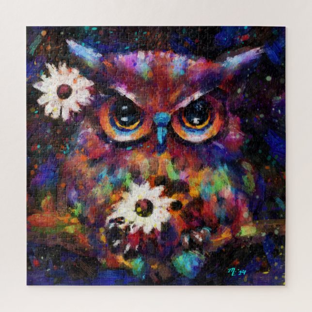 Whimsical Impressionistic Floral Owl Painting Jigsaw Puzzle (Vertical)