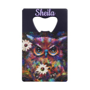 Whimsical Impressionistic Floral Owl Personalized Credit Card Bottle Opener