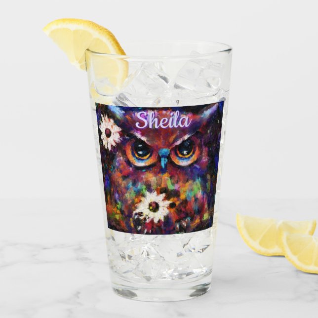 Whimsical Impressionistic Floral Owl Personalized Glass (Front Ice)