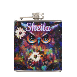 Whimsical Impressionistic Floral Owl Personalized Hip Flask