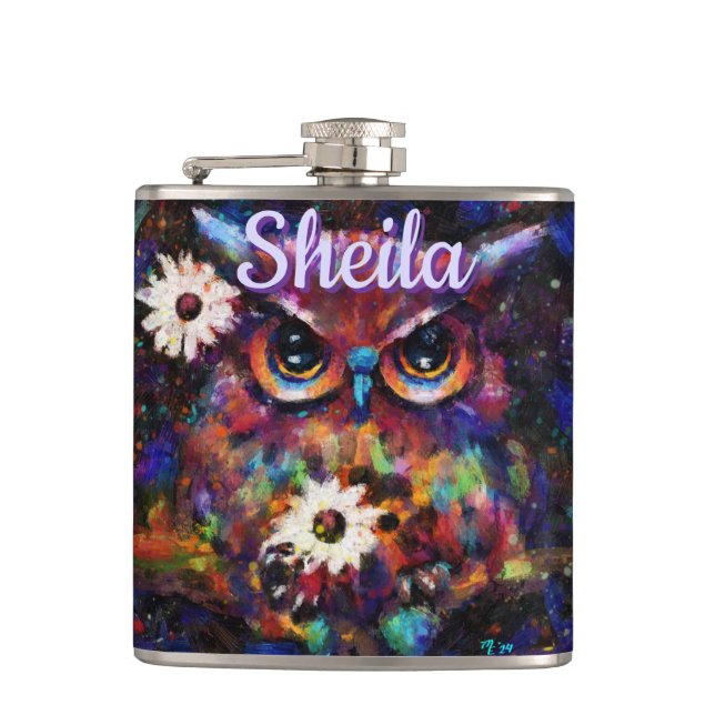 Whimsical Impressionistic Floral Owl Personalized Hip Flask (Front)