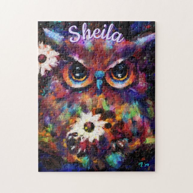 Whimsical Impressionistic Floral Owl Personalized Jigsaw Puzzle (Vertical)
