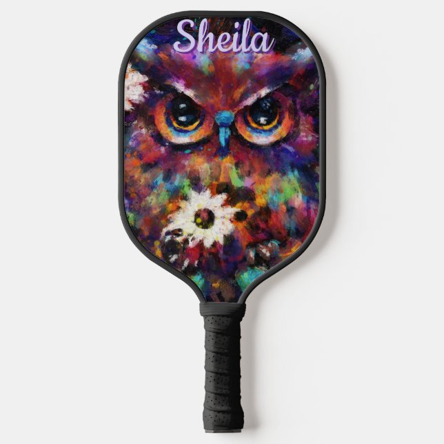 Whimsical Impressionistic Floral Owl Personalized Pickleball Paddle (Front)