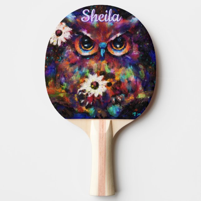 Whimsical Impressionistic Floral Owl Personalized Ping Pong Paddle (Front)