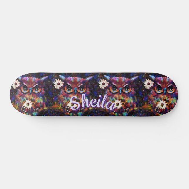 Whimsical Impressionistic Floral Owl Personalized Skateboard (Horz)