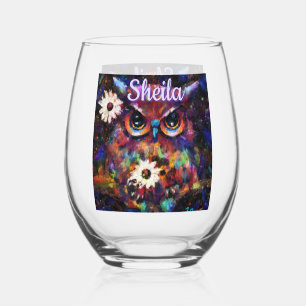 Whimsical Impressionistic Floral Owl Personalized Stemless Wine Glass