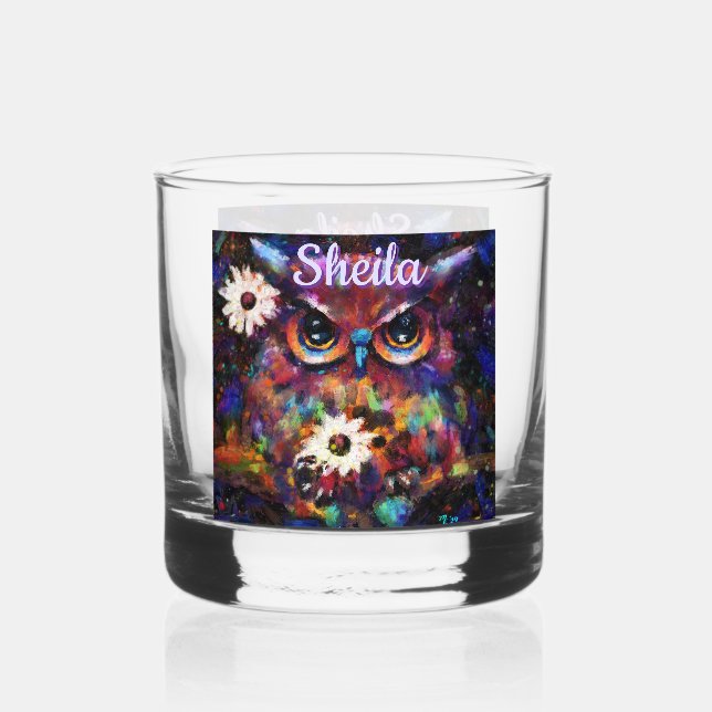 Whimsical Impressionistic Floral Owl Personalized Whiskey Glass (Front)