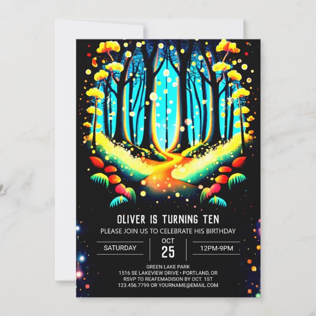 Whimsical Into the Woods Fireflies Birthday Invitation (Front)