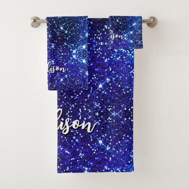 Whimsical iridescent blue Glitter monogram Bath Towel Set (Insitu)