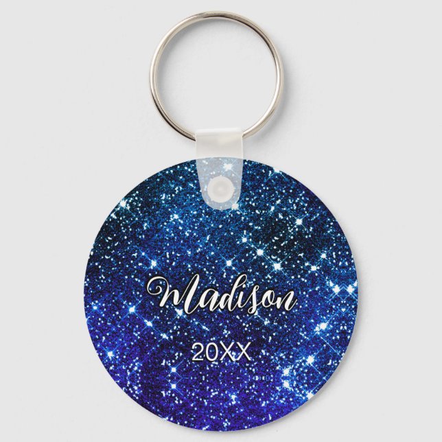 Whimsical iridescent blue Glitter monogram Keychain (Front)