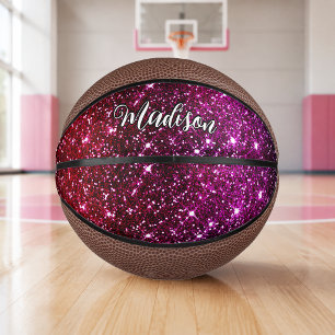 Whimsical iridescent pink Glitter monogram Mini Basketball