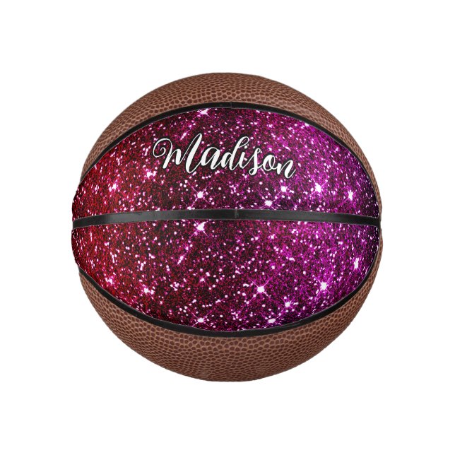 Whimsical iridescent pink Glitter monogram Mini Basketball (Front)