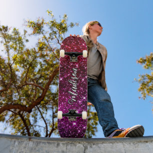 Whimsical iridescent pink Glitter monogram Skateboard