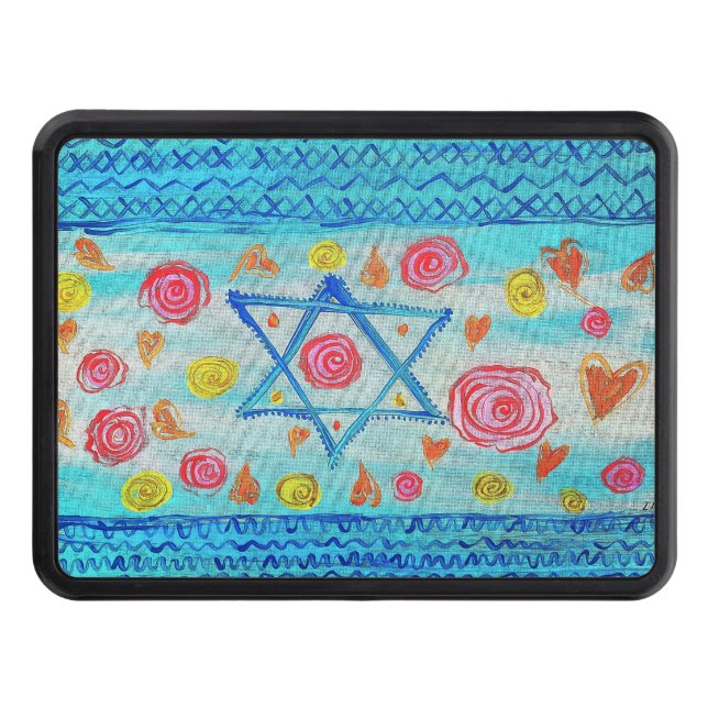 Whimsical Israeli flag with flowers & hearts Trailer Hitch Cover (Front)