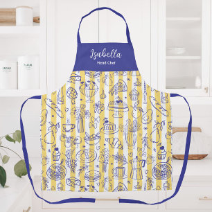 Whimsical Italian Food Illustration Yellow Stripes Apron