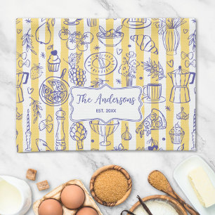 Whimsical Italian Food Illustration Yellow Stripes Kitchen Towel