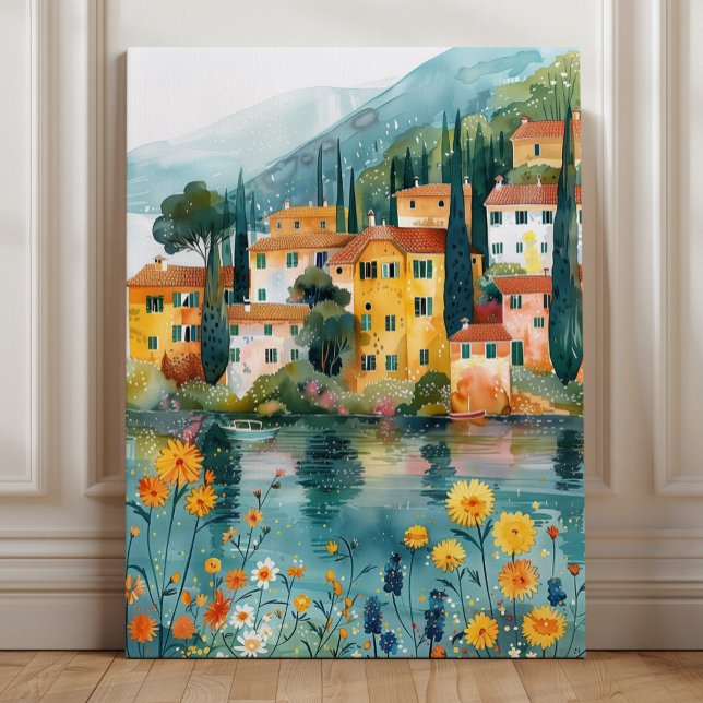 Whimsical Italian Lakeside Village Art Canvas Print (Creator Uploaded)