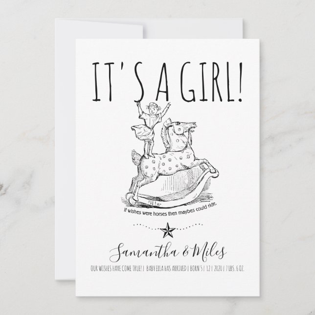 Whimsical It's A Girl Birth Announcement White (Front)