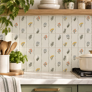 Whimsical Ivory Wildflower Floral Wavy Stripe  Tile