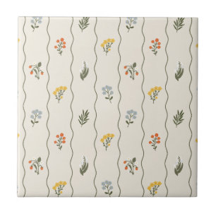 Whimsical Ivory Wildflower Floral Wavy Stripe Tile